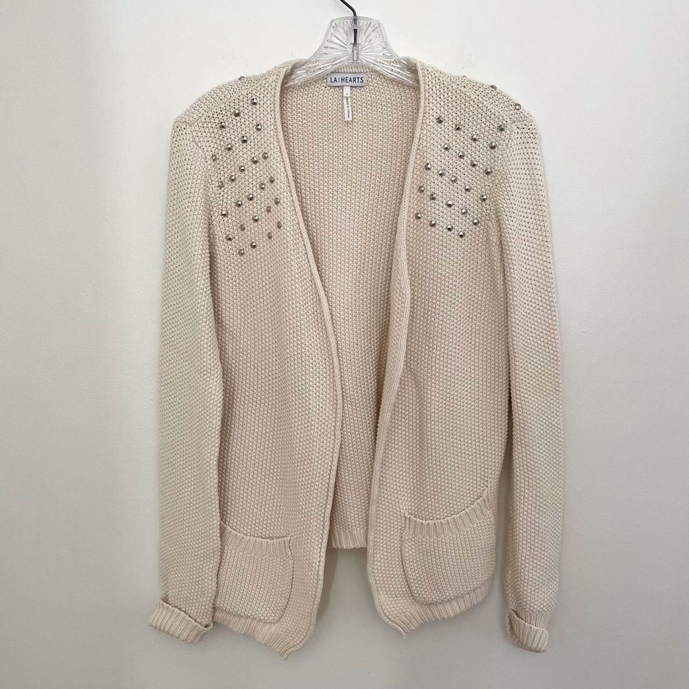 LA Hearts Studded Open Cardigan Sweater Beige Small